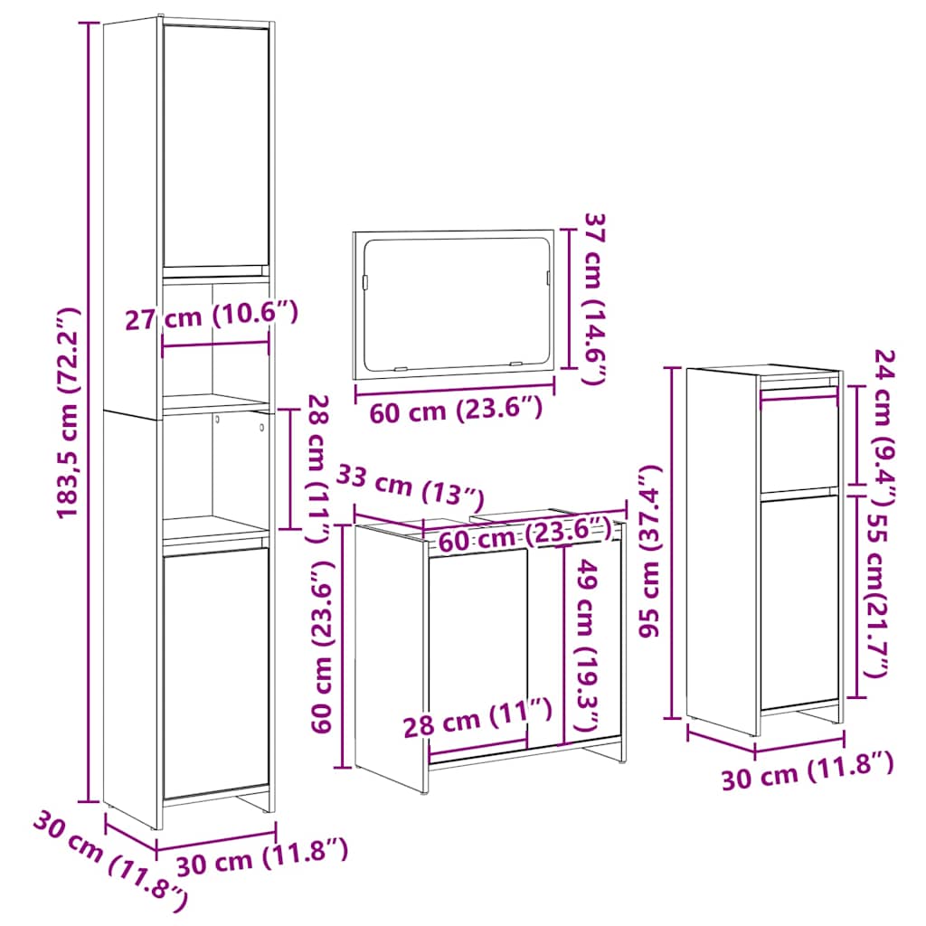 Set mobilier de baie, 4 piese, gri beton, lemn compozit
