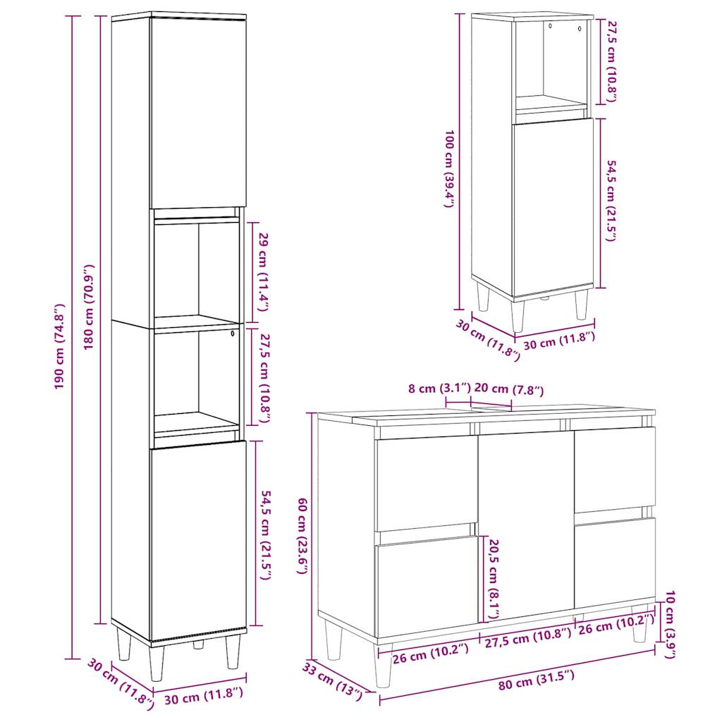 Set mobilier de baie, 3 piese, gri beton, lemn compozit
