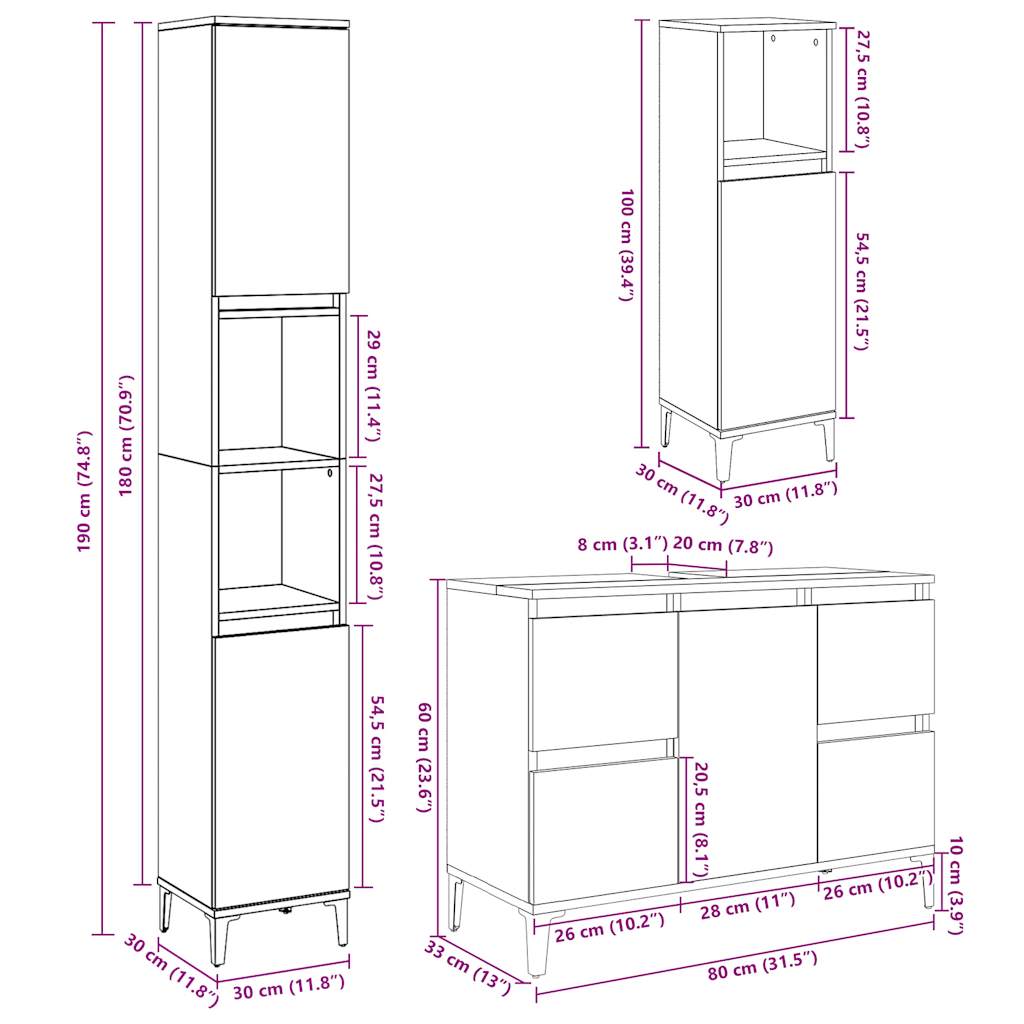 Set mobilier de baie, 3 piese, gri beton, lemn compozit