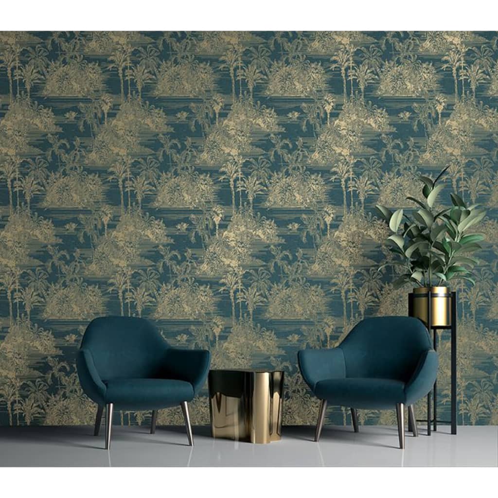 DUTCH WALLCOVERINGS "Tropical" wallpaper, dark blue and gold