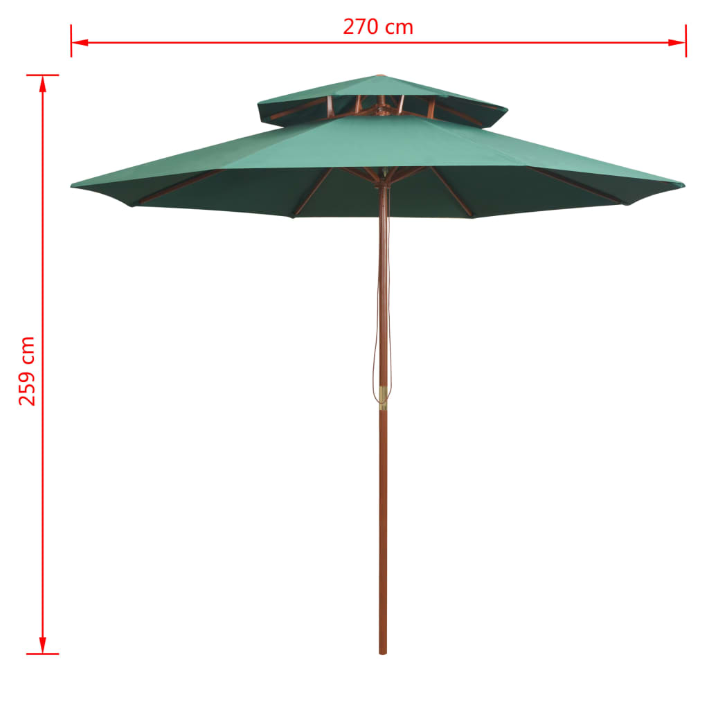 Umbrelă de soare dublă, 270x270 cm, stâlp de lemn, verde