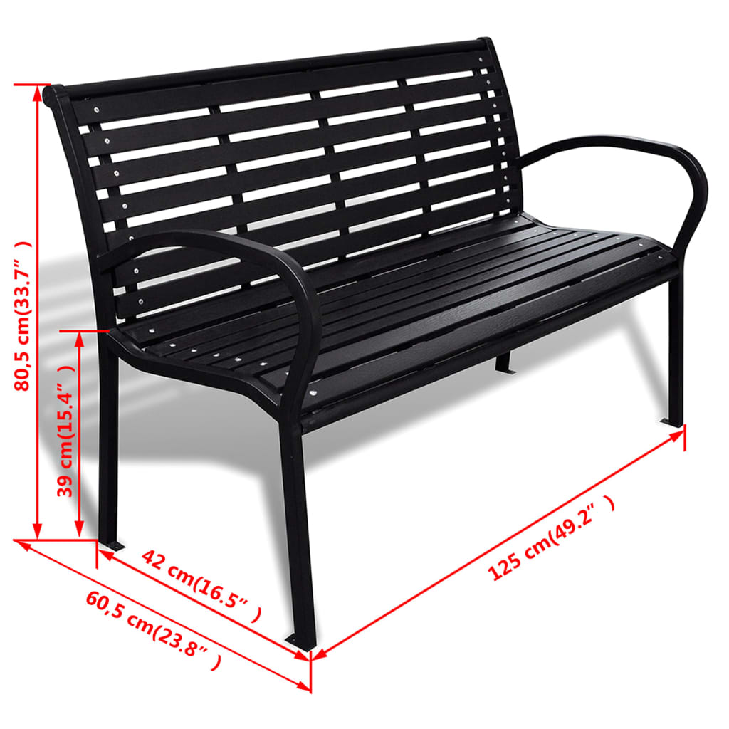 Bancă de grădină, negru, 125 cm, oțel și WPC