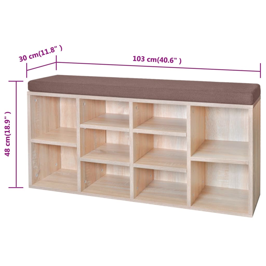 Shoe storage bench, 10 compartments, oak color