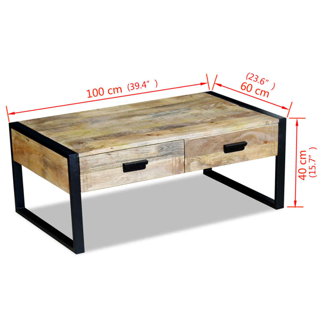 Coffee table with 2 drawers in solid mango wood, 100x60x40 cm