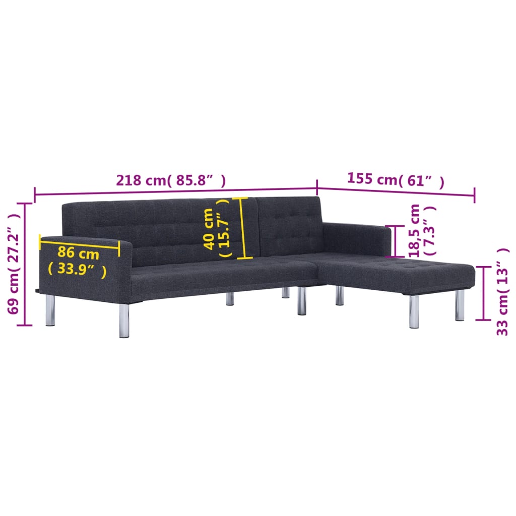 L-shaped sofa bed, dark gray, polyester