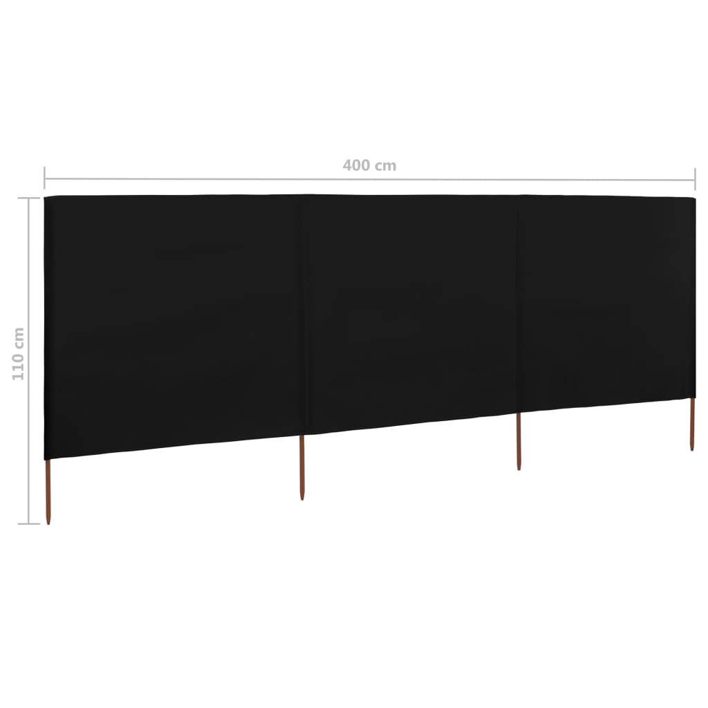 Paravan anti-vânt cu 3 panouri, negru, 400x80 cm, textil