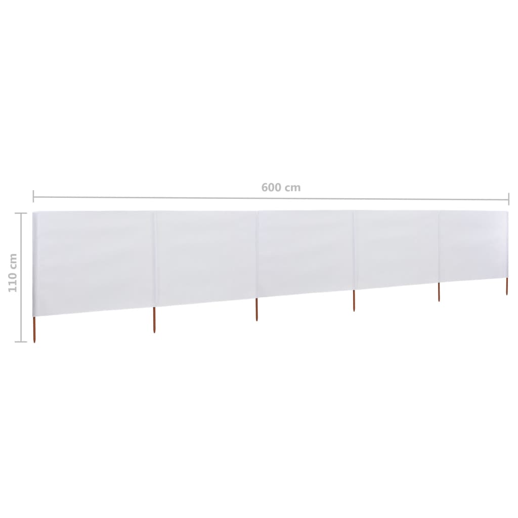 Paravan anti-vânt cu 5 panouri, alb nisipiu, 600x80 cm, textil
