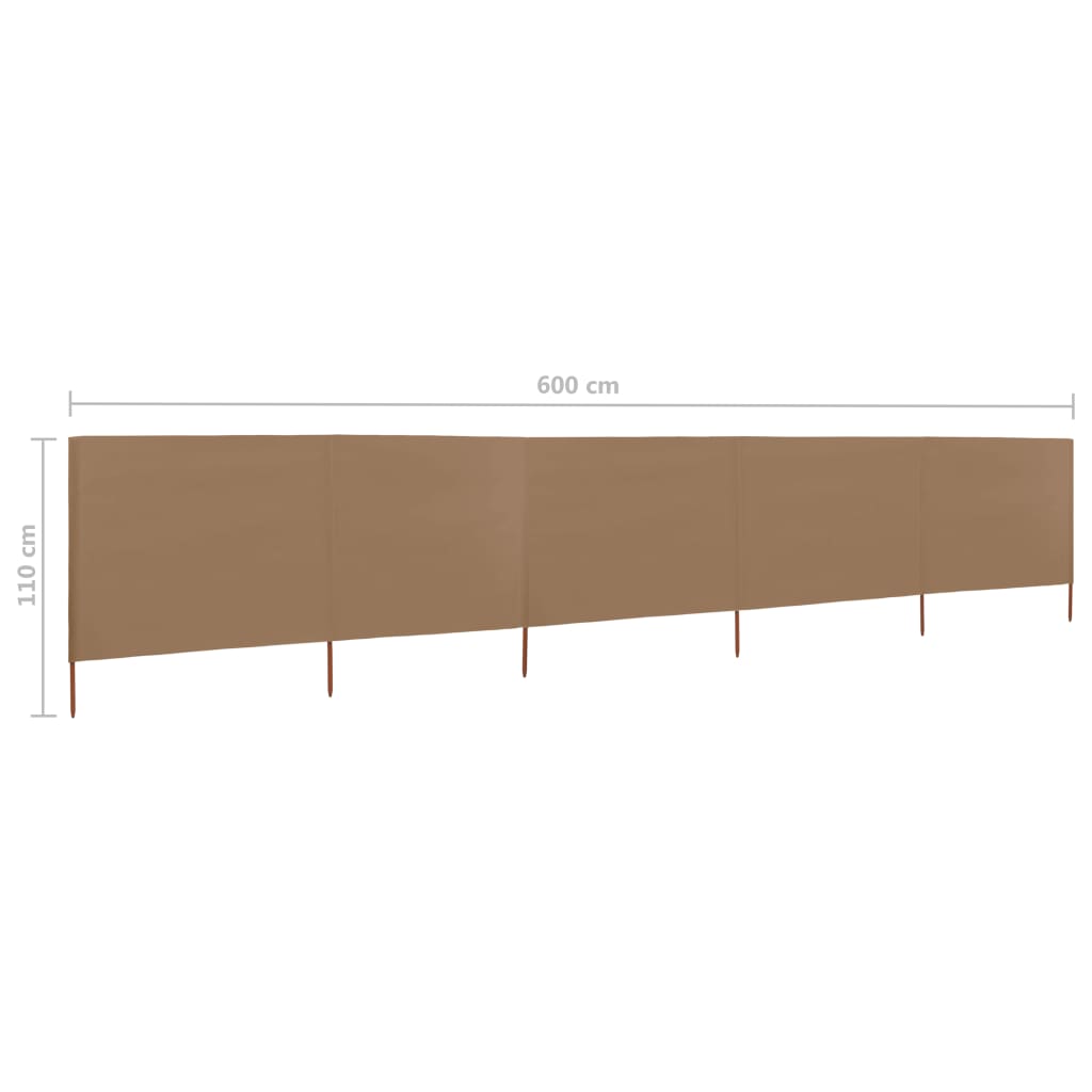 Paravan anti-vânt cu 5 panouri, gri taupe, 600 x 80 cm, textil