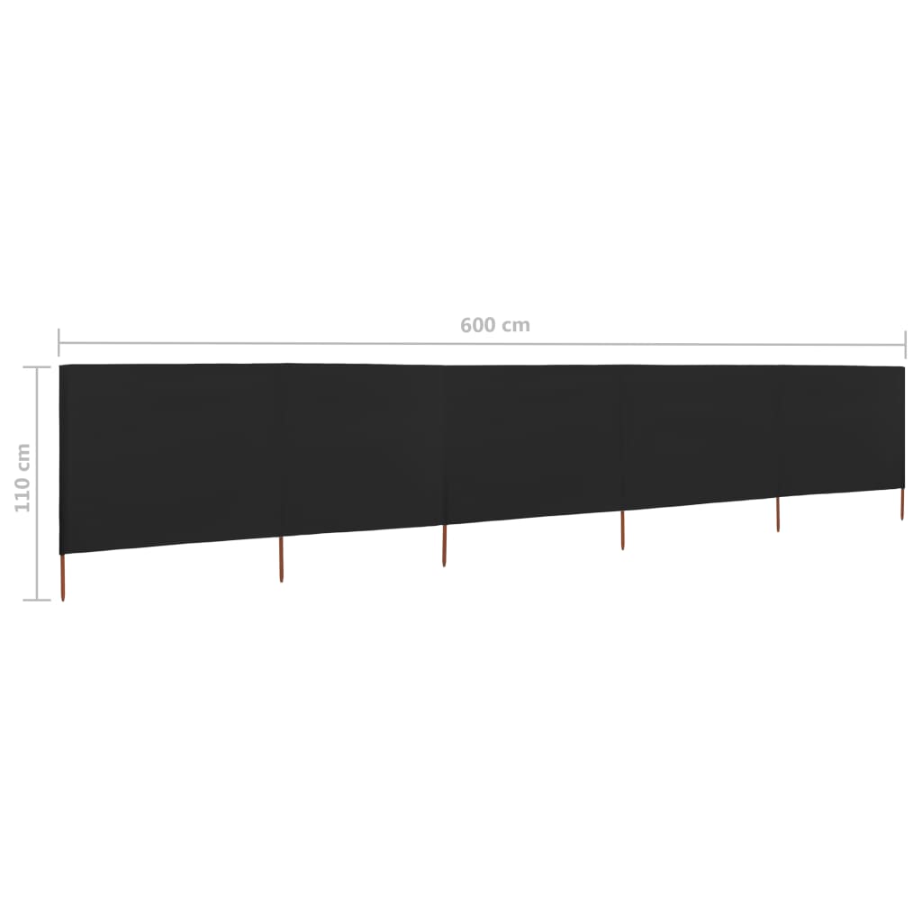 Paravan anti-vânt cu 5 panouri, negru, 600 x 80 cm, textil