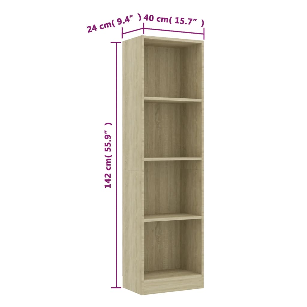 Bookcase with 4 shelves, sonoma oak, 40x24x142 cm, chipboard