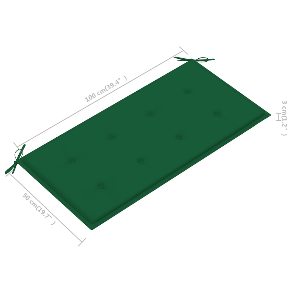 Bancă de grădină, cu pernă verde, 112 cm, lemn masiv de tec