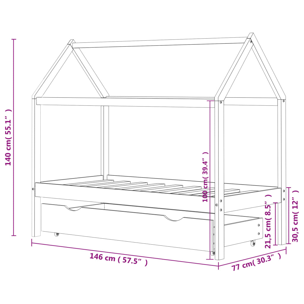 Children's bed frame with one drawer, white, 70x140 cm, solid pine wood