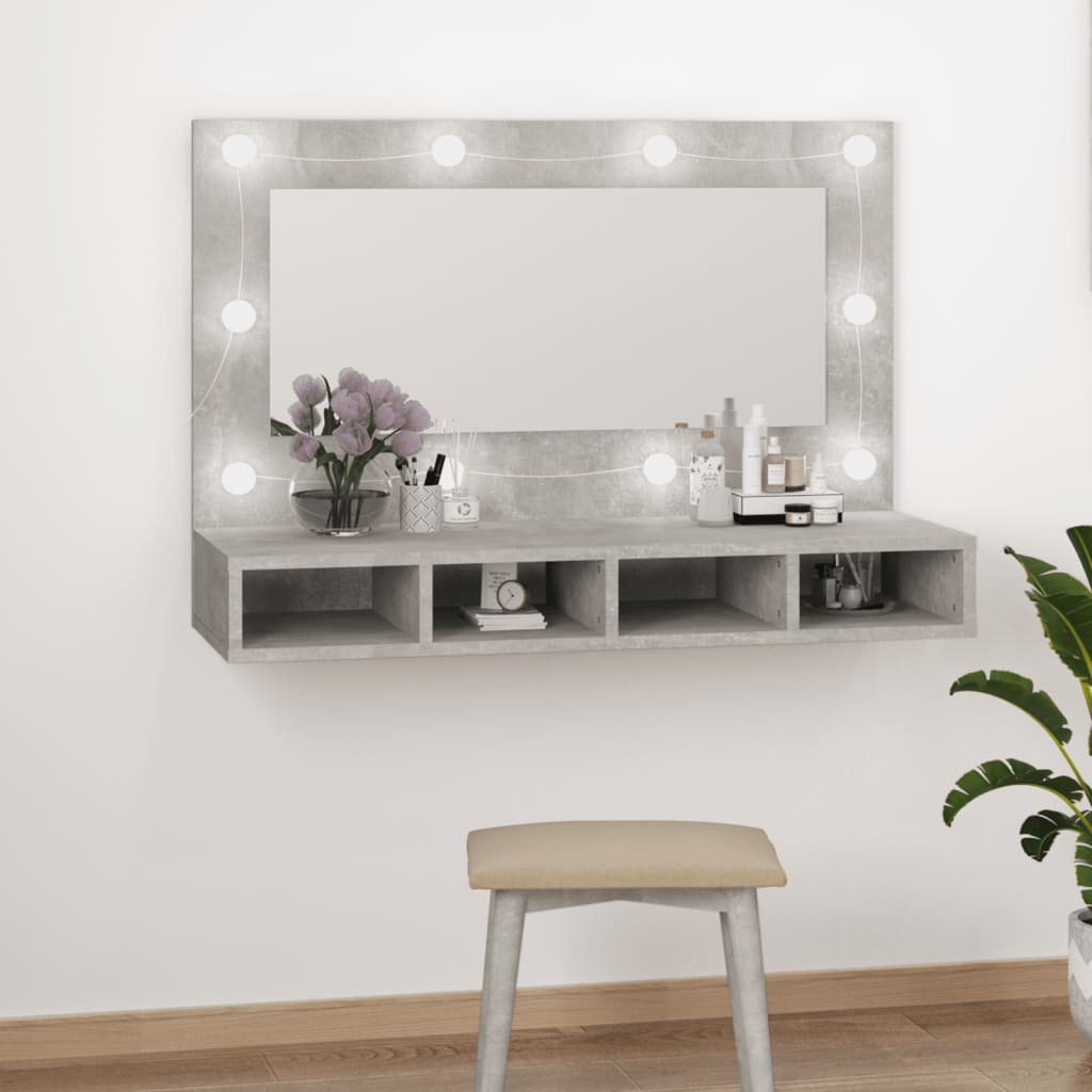 Cabinet with mirror and LED, concrete grey, 90x31.5x62 cm