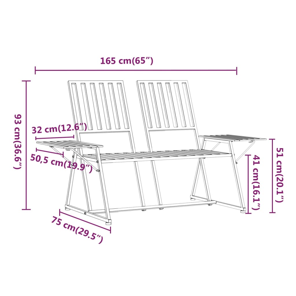 Bancă de grădină cu 2 locuri, negru, 165 cm, oțel