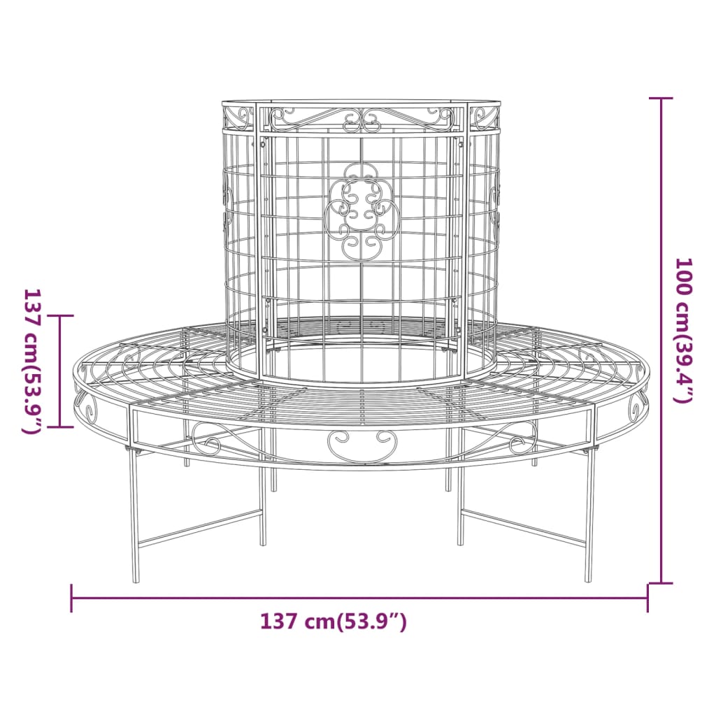 Bancă circulară de copac, negru, Ø137 cm, oțel