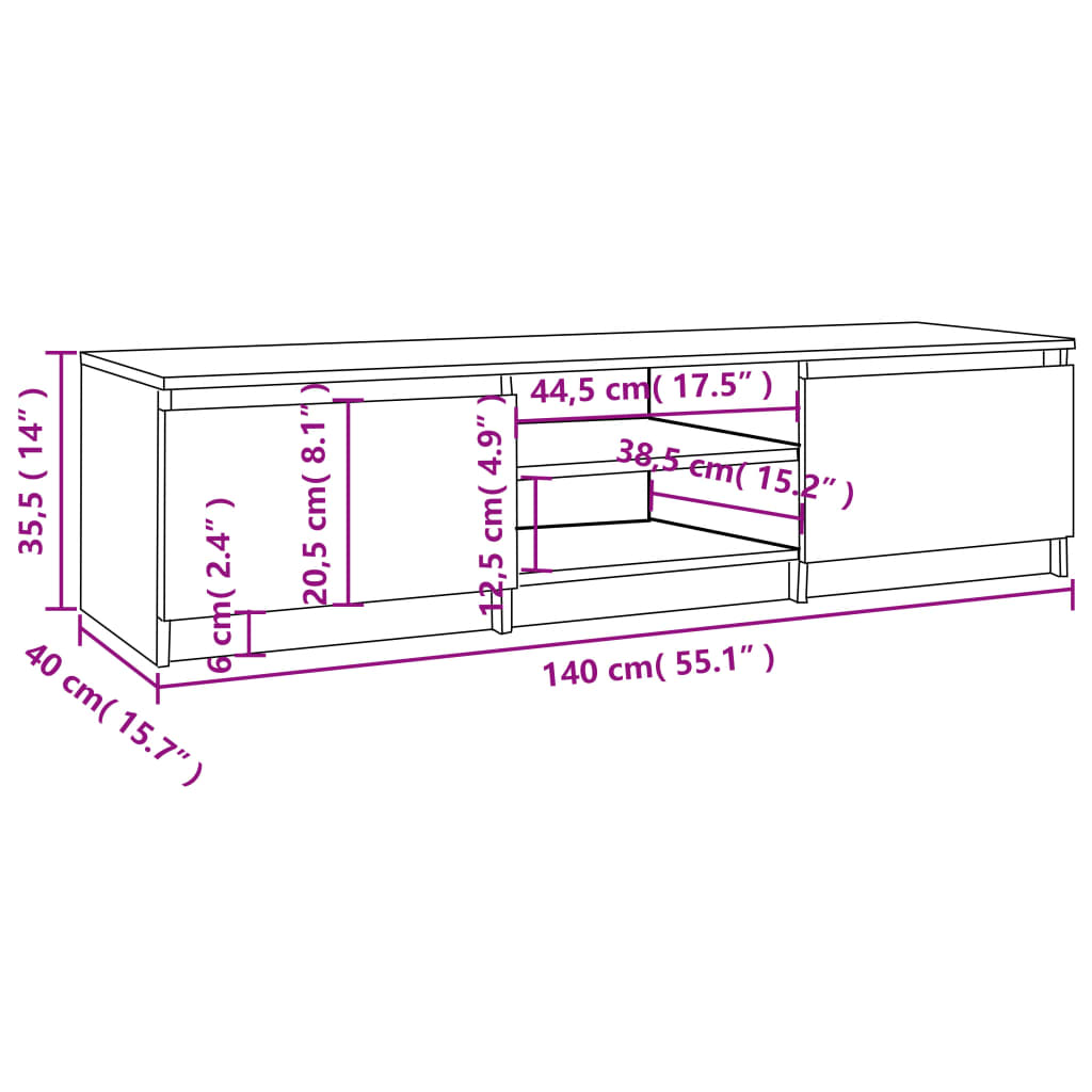 Comodă TV, gri sonoma, 140x40x35,5 cm, lemn prelucrat