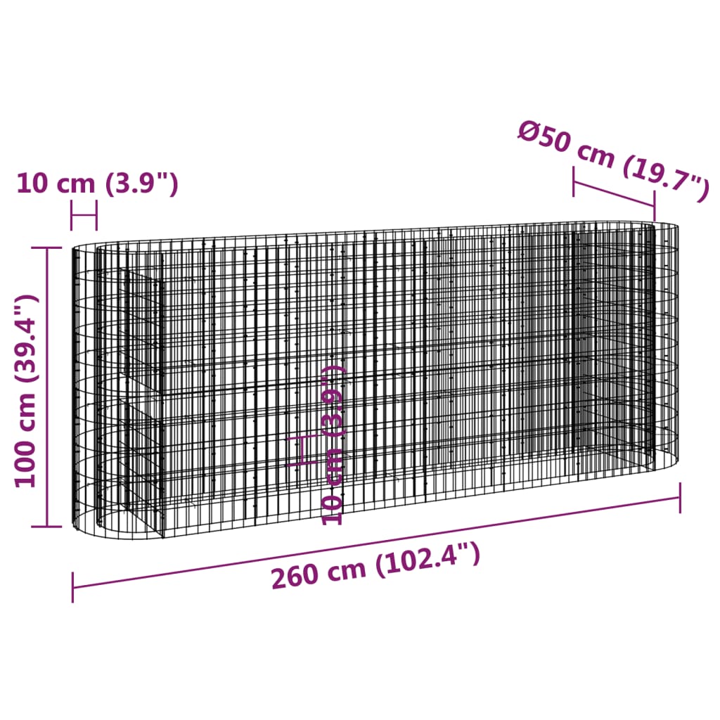 Strat înălțat gabion, 260x50x100 cm, fier galvanizat