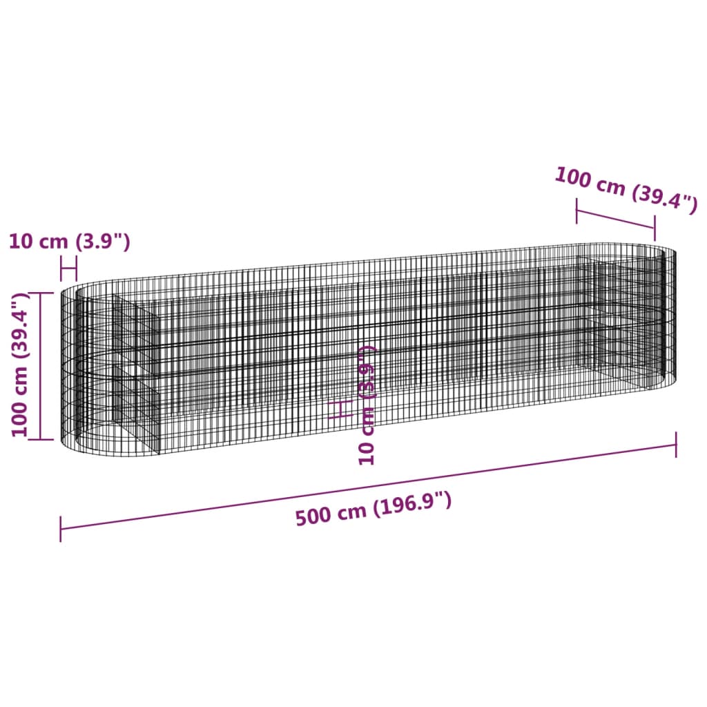 Strat înălțat gabion, 500x100x100 cm, fier galvanizat