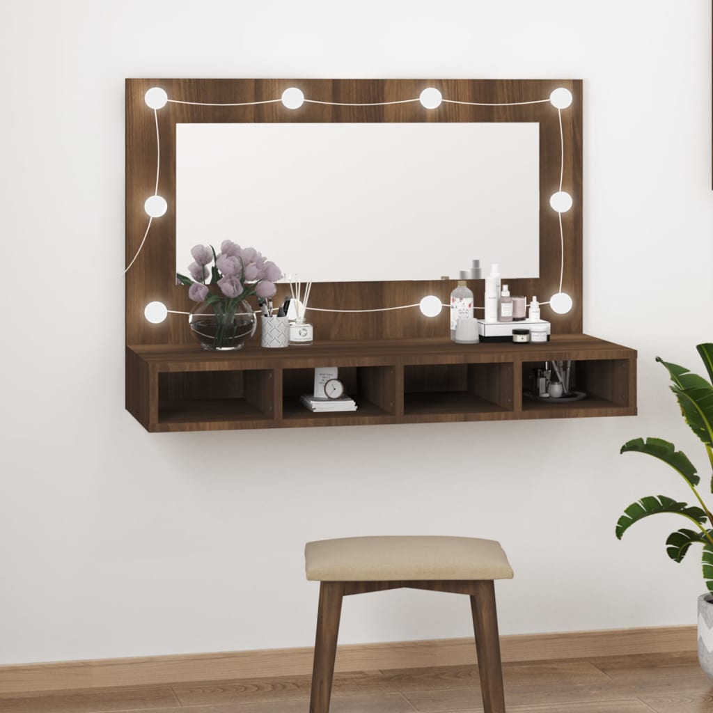 Cabinet with mirror and LED, brown oak, 90x31.5x62 cm