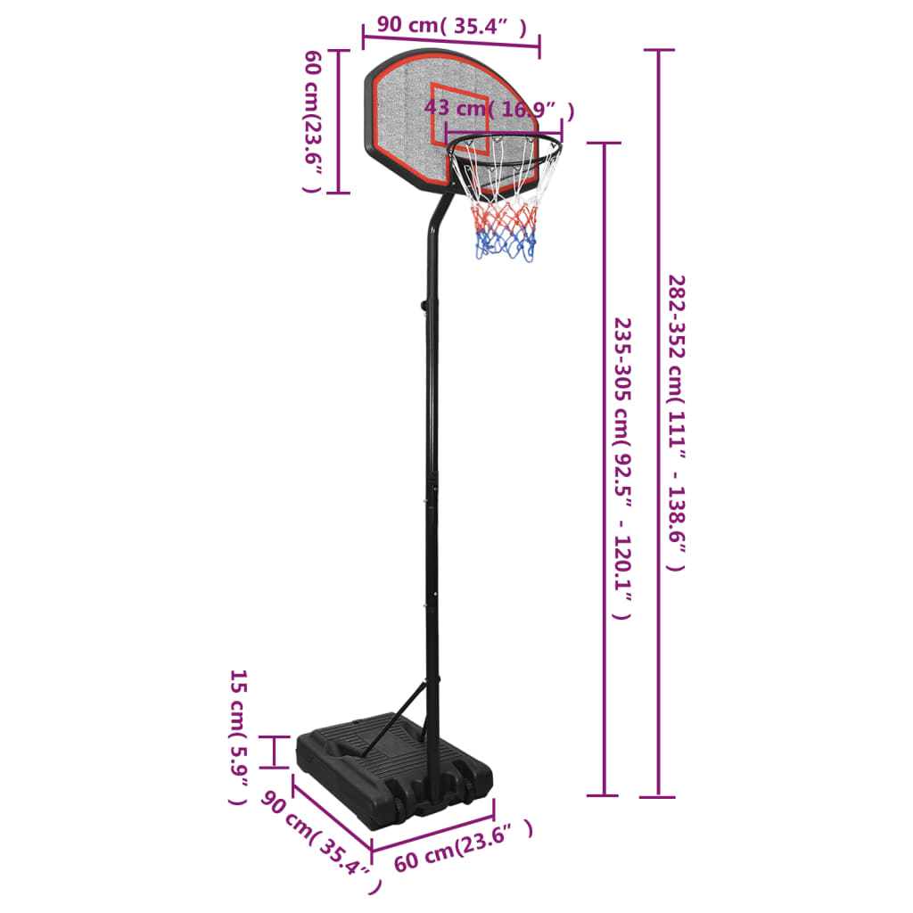 Stand with basketball hoop, black, 282-352 cm, polyethylene