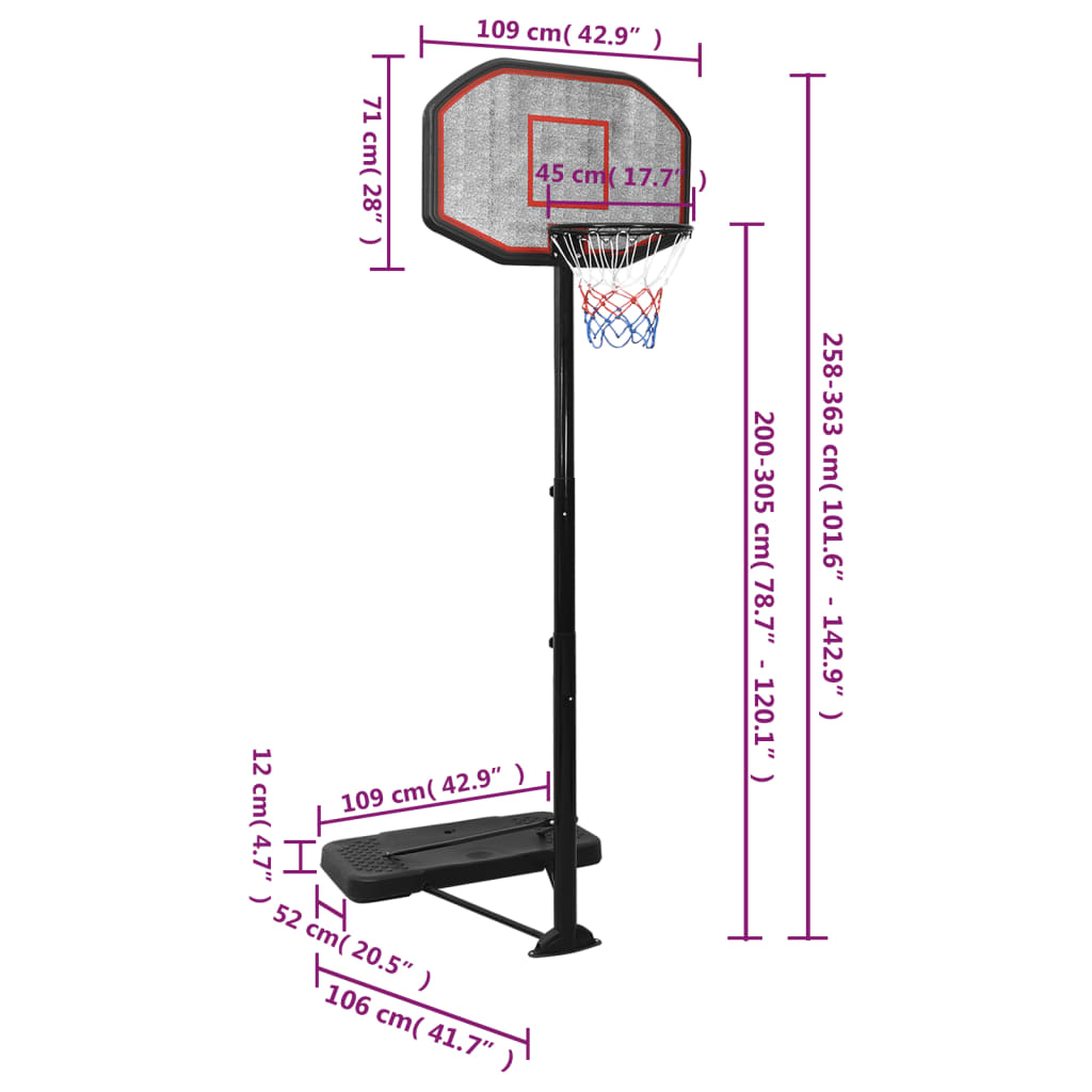 Stand with basketball hoop, black, 258-363 cm, polyethylene
