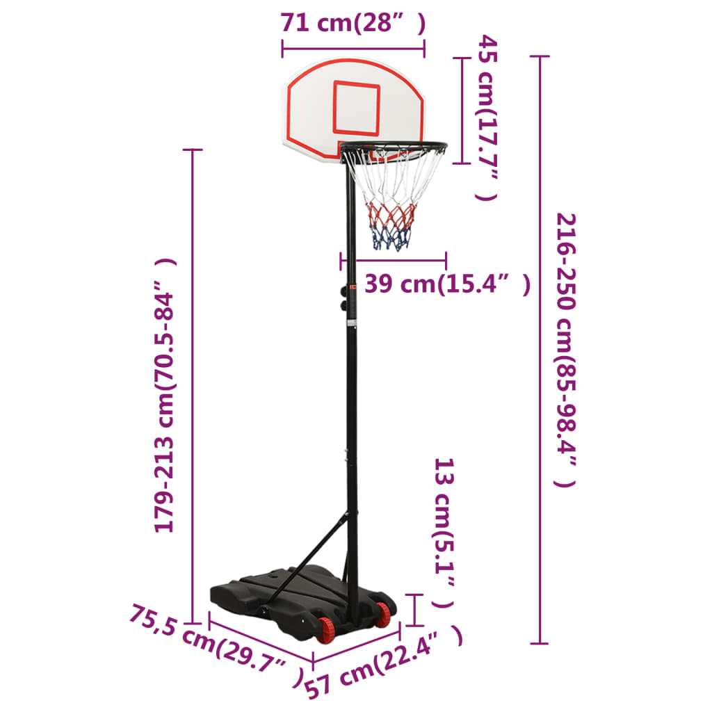 Stand with basketball hoop, white, 216-250 cm, polyethylene
