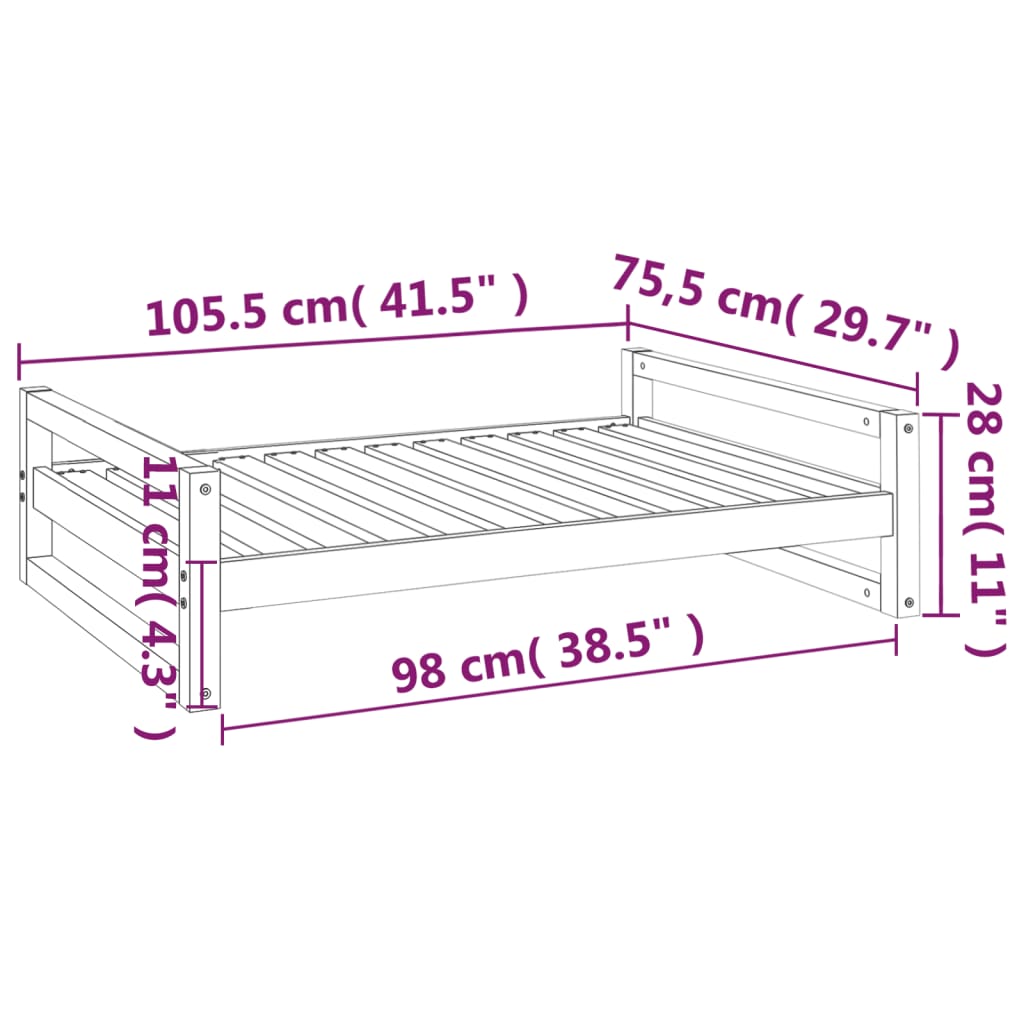 Dog bed, black, 105.5x75.5x28 cm, solid pine wood