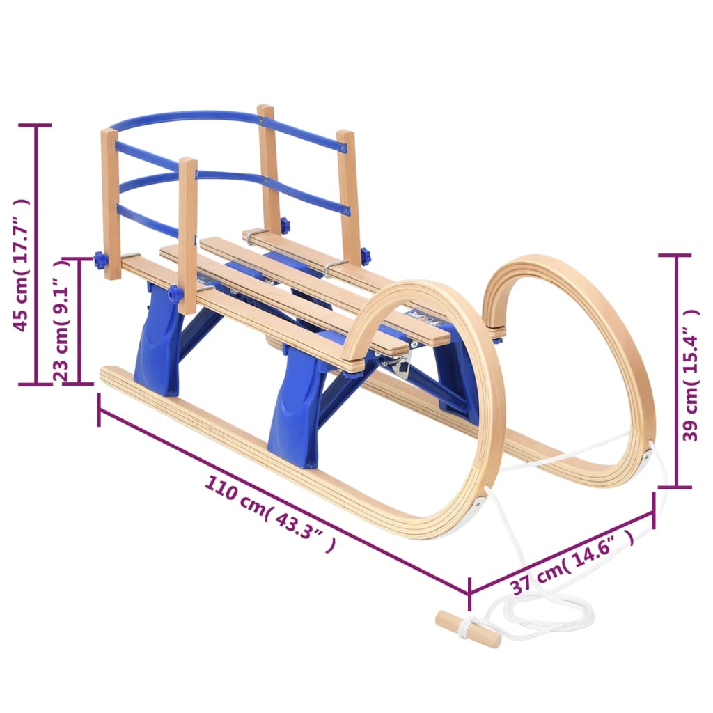 Folding sled with backrest, 110 cm, plywood