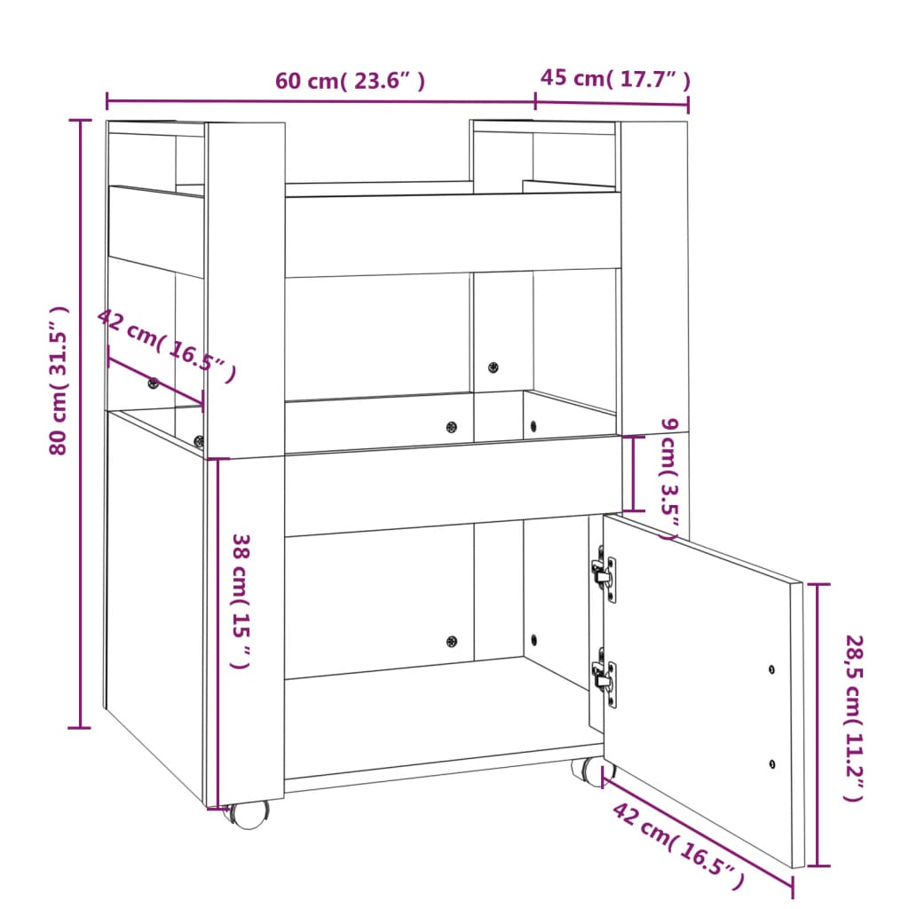 Kitchen trolley, brown oak, 60x45x80 cm, processed wood