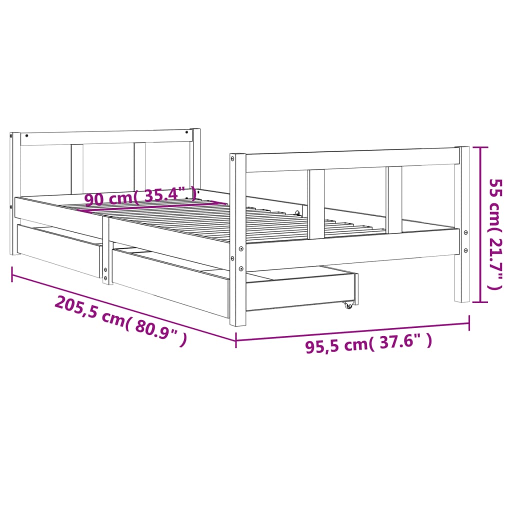 Bed frame with drawers for children, 90x200 cm, solid pine wood