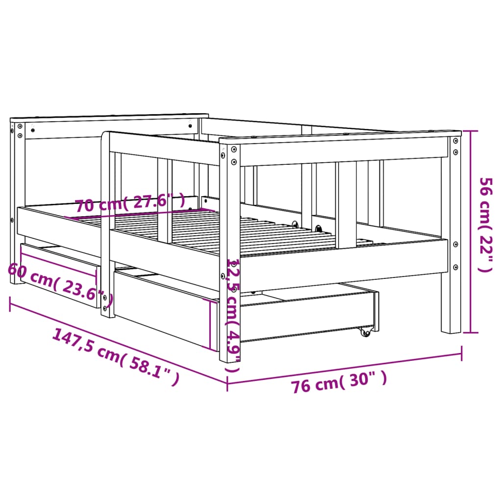 Children's bed frame with drawers, black, 70x140 cm, solid pine wood