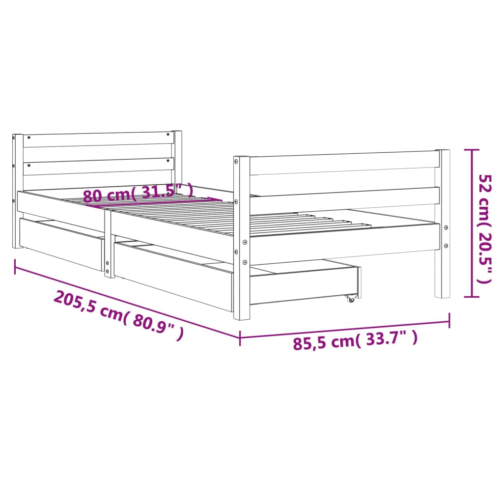 Children's bed frame with drawers, white, 80x200 cm, solid pine wood