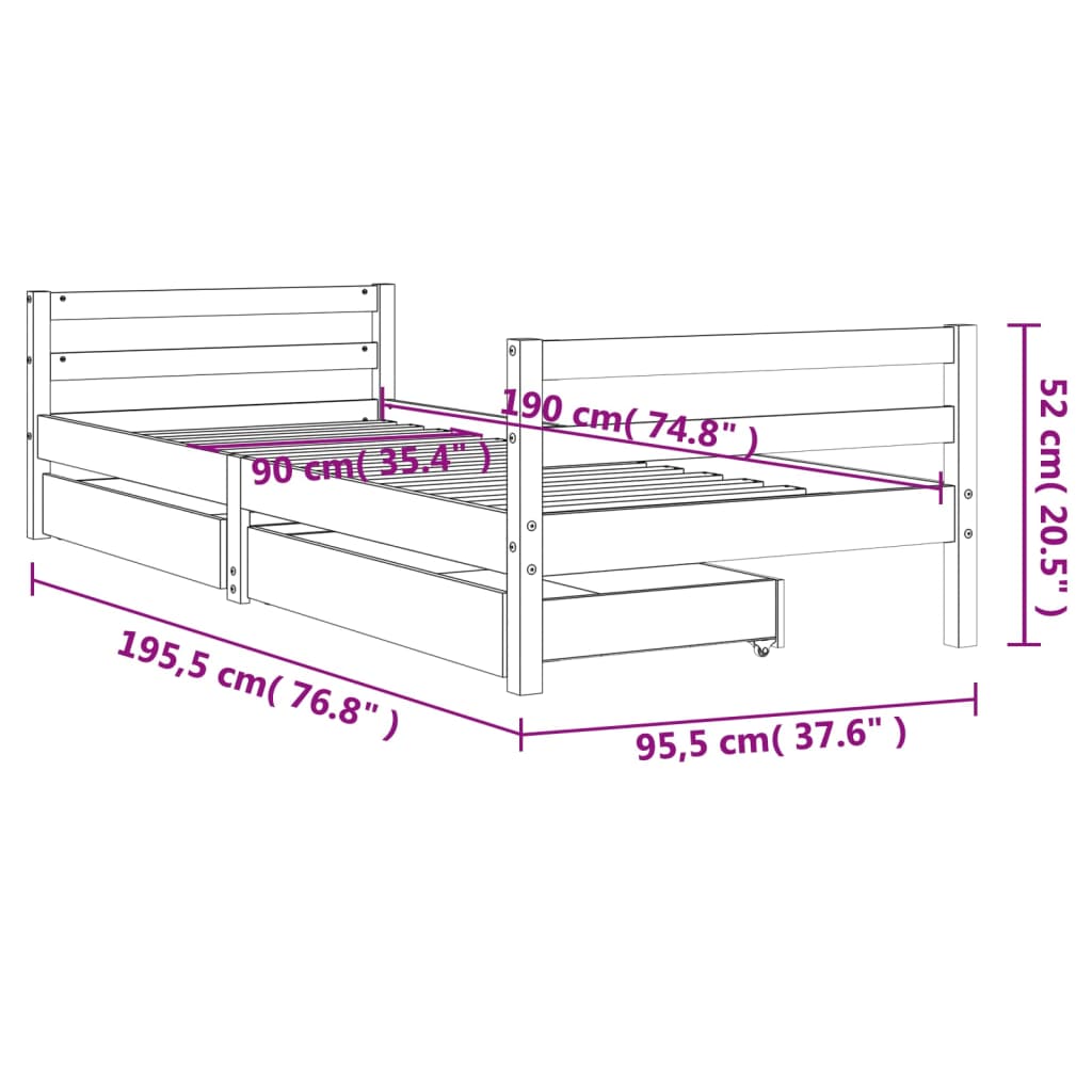 Children's bed frame with drawers, 90x190 cm, solid pine wood