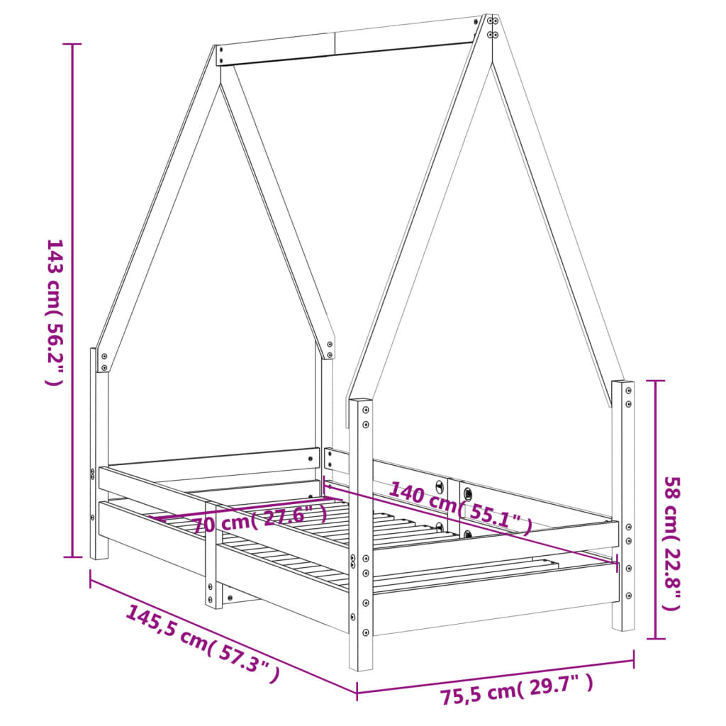 Bed frame for children, 70x140 cm, solid pine wood