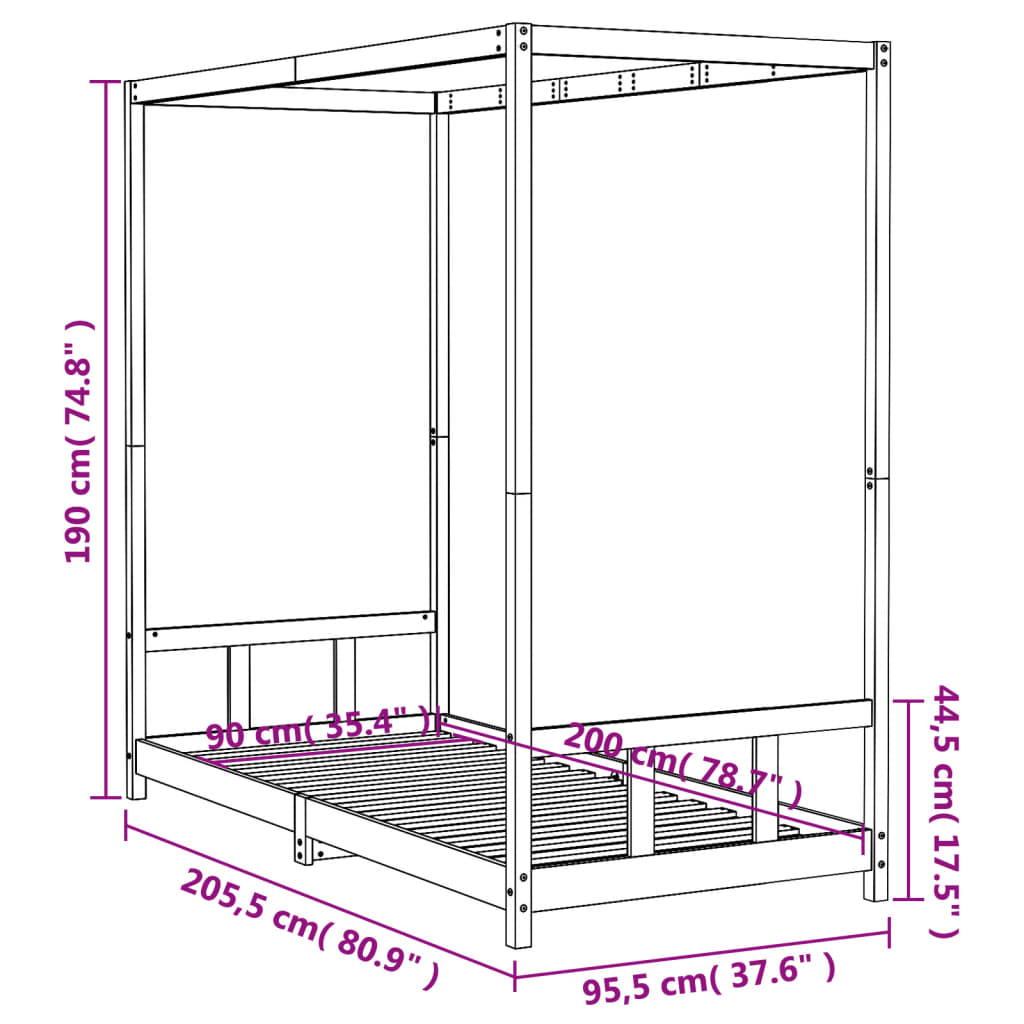 Bed frame for children, white, 90x200 cm, solid pine wood