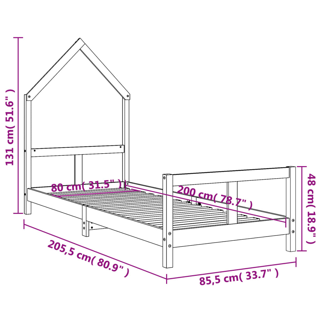 Bed frame for children, 80x200 cm, solid pine wood