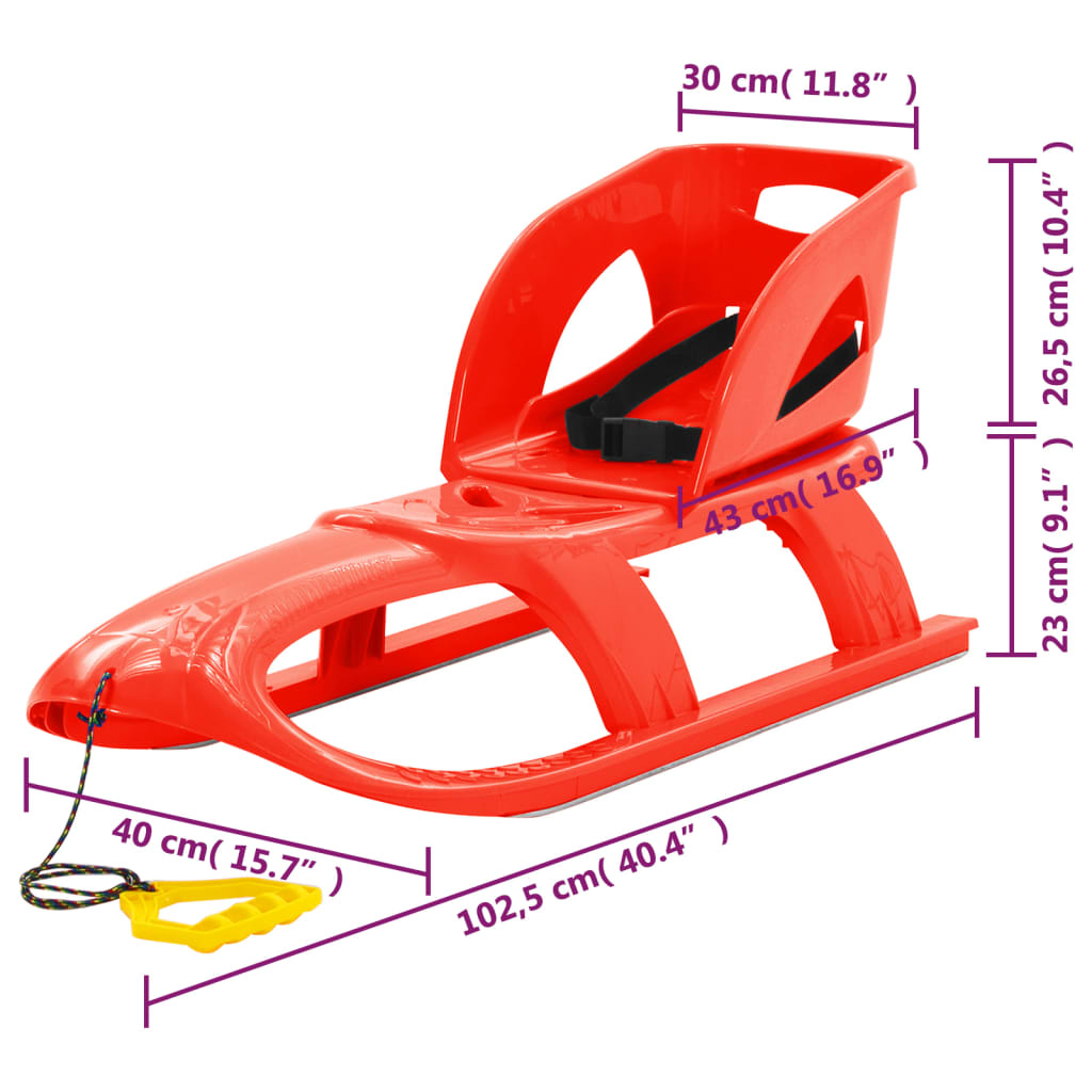 Sled with seat, red, 102.5x40x23 cm, polypropylene