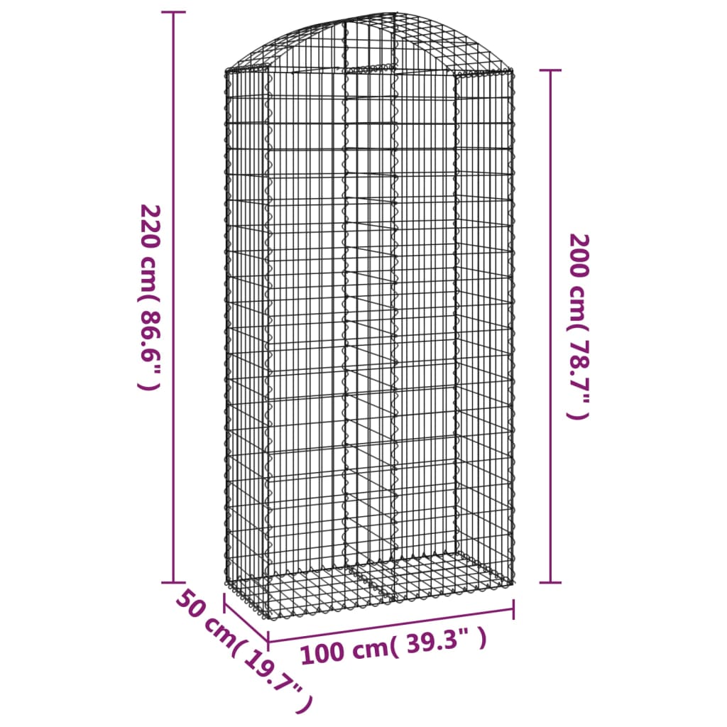 Coș gabion arcuit, 100x50x200/220 cm, fier galvanizat