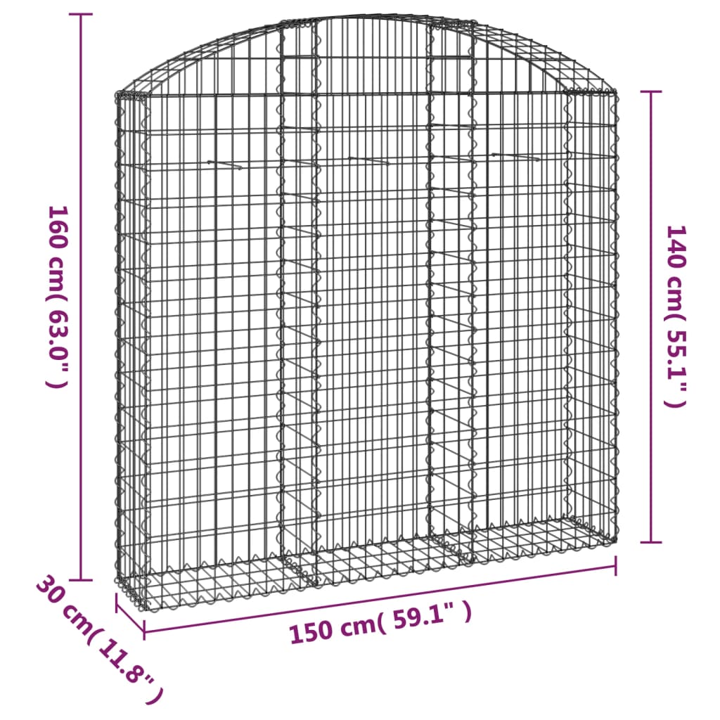 Coș gabion arcuit, 150x30x140/160 cm, fier galvanizat
