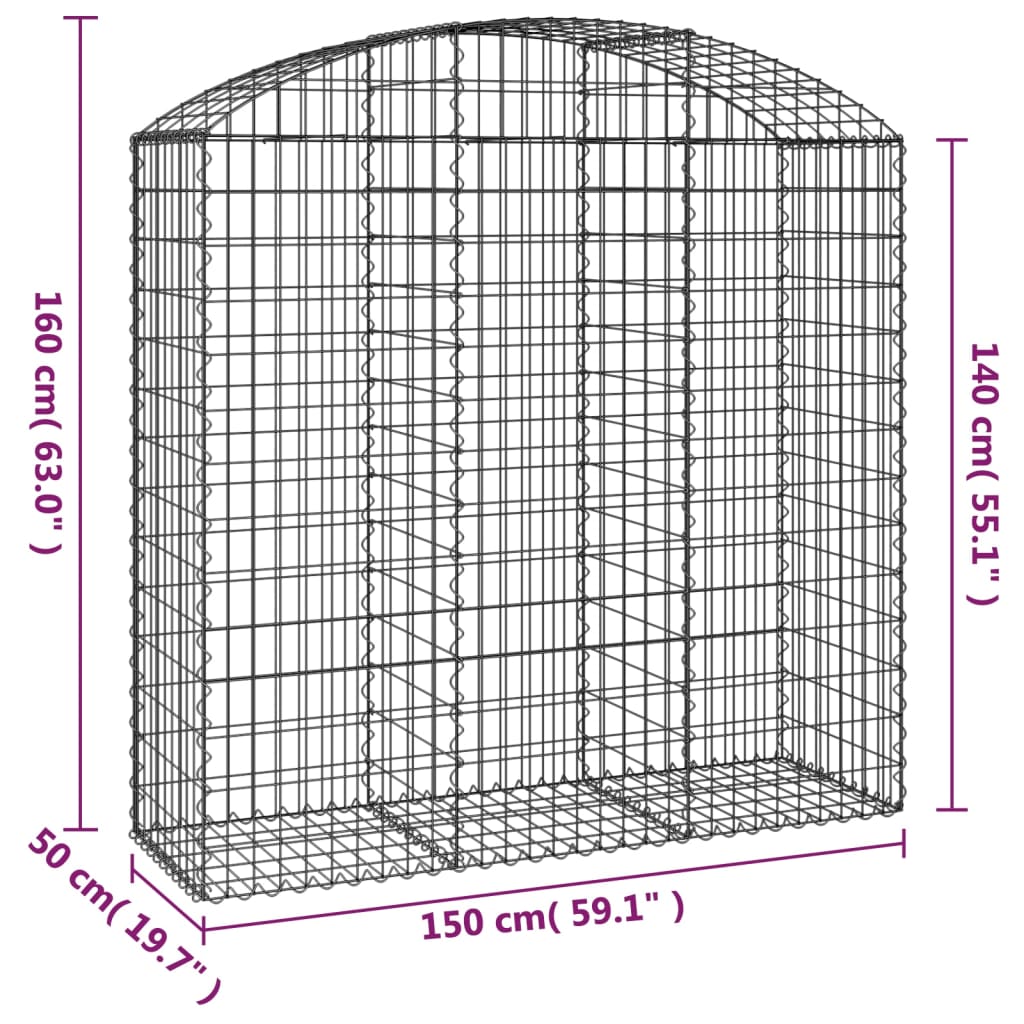 Coș gabion arcuit, 150x50x140/160 cm, fier galvanizat