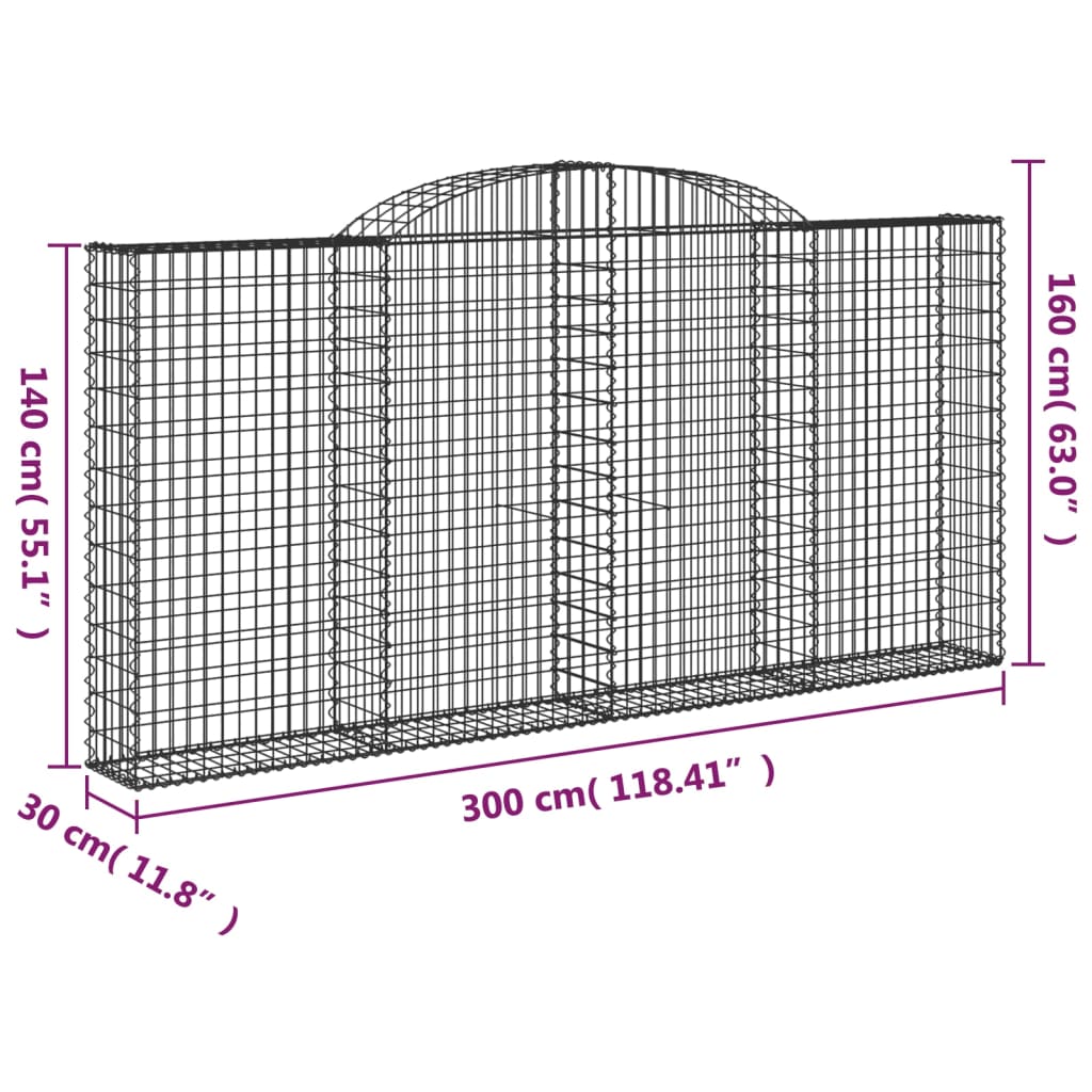 Coș gabion arcuit, 300x30x140/160 cm, fier galvanizat