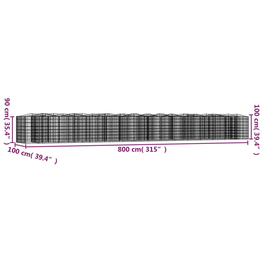Strat înălțat cu gabion arcuit, 800x100x100 cm, fier galvanizat