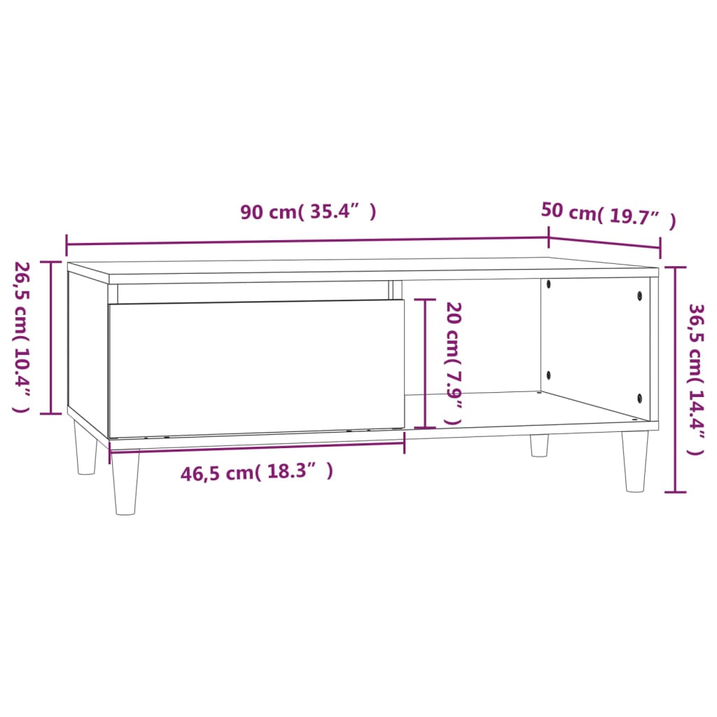 Coffee table, brown oak, 90x50x36.5 cm, processed wood