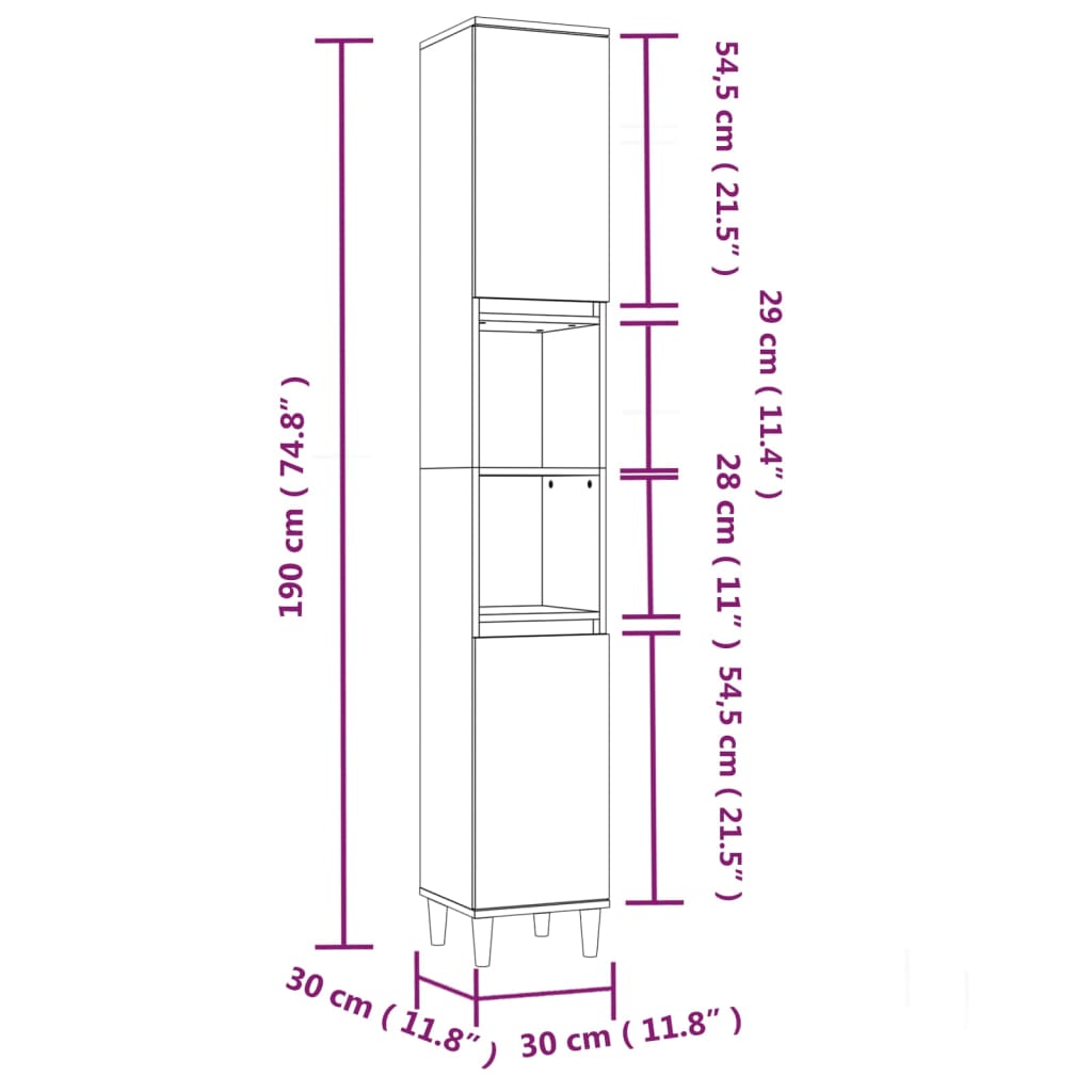 Bathroom cabinet, smoked oak, 30x30x190 cm, processed wood