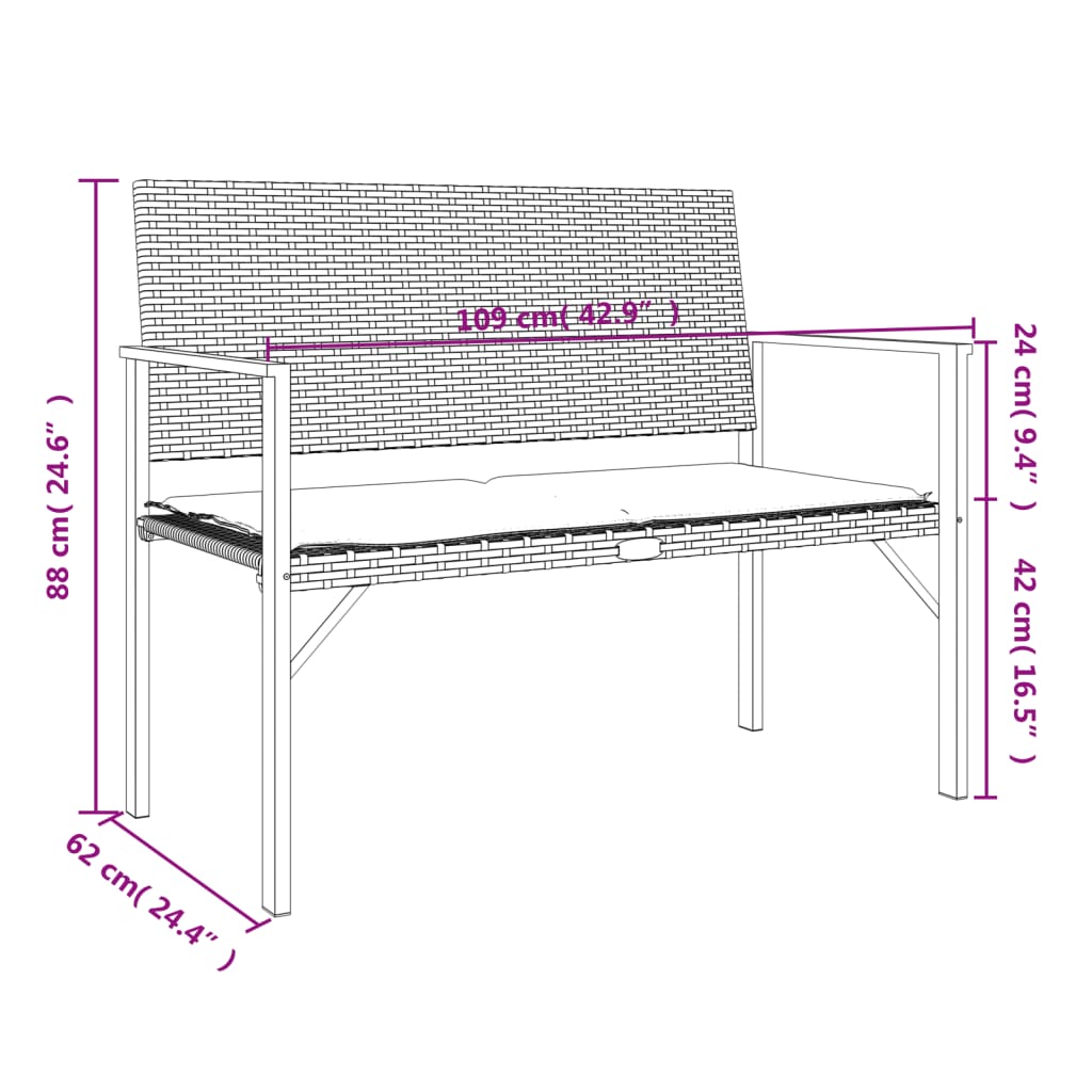 Garden bench with cushion, 2 seats, gray, polyrattan