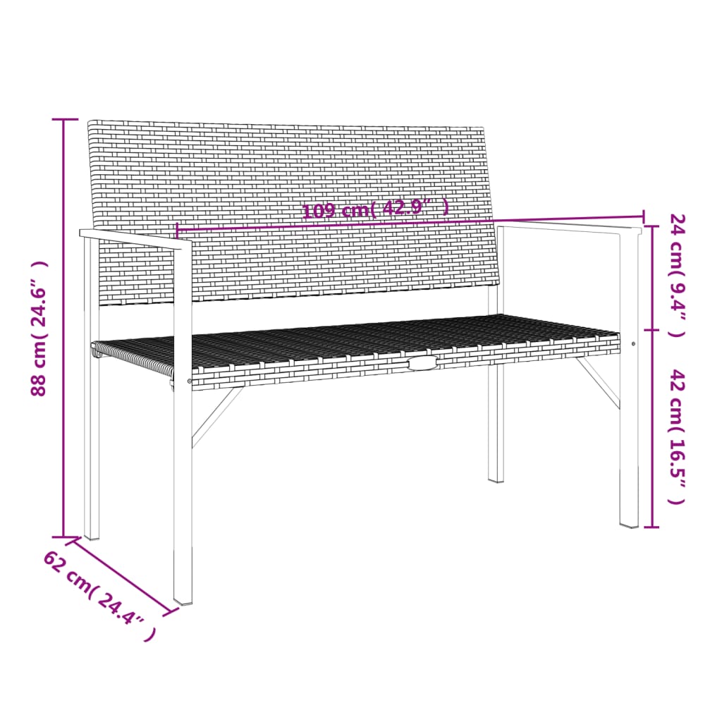 Garden bench with cushions, 2 seats, grey, polyrattan