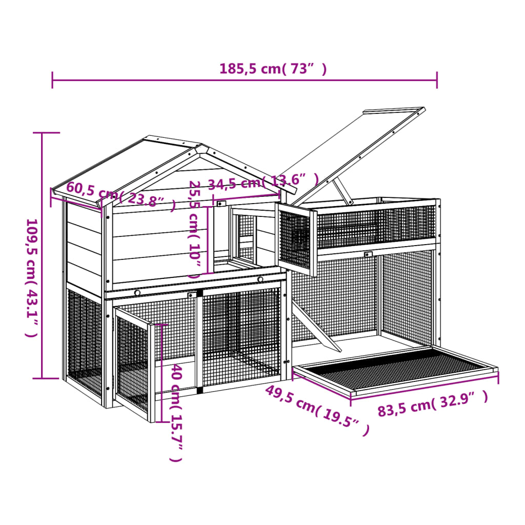 Brown rabbit cage 185.5x60.5x109.5 cm solid pine wood