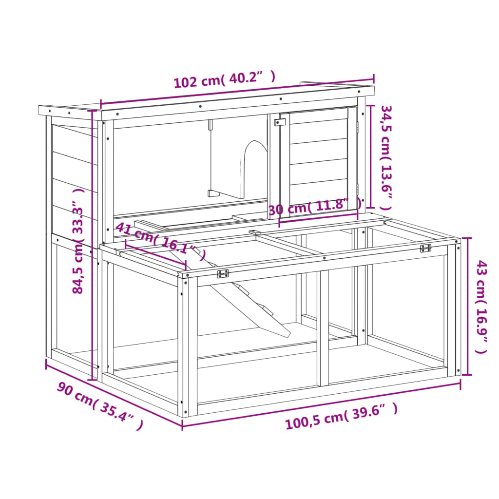 Rabbit cage, gray, 102x90x84.5 cm, solid pine wood