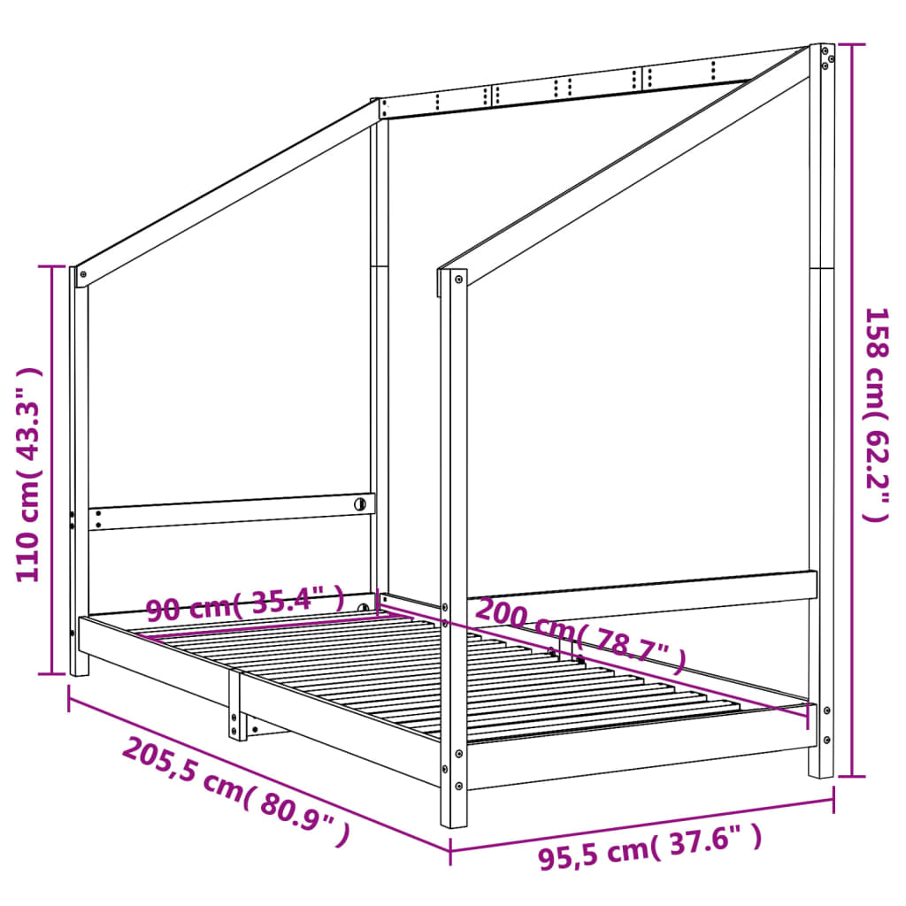 Bed frame for children, 90x200 cm, solid pine wood