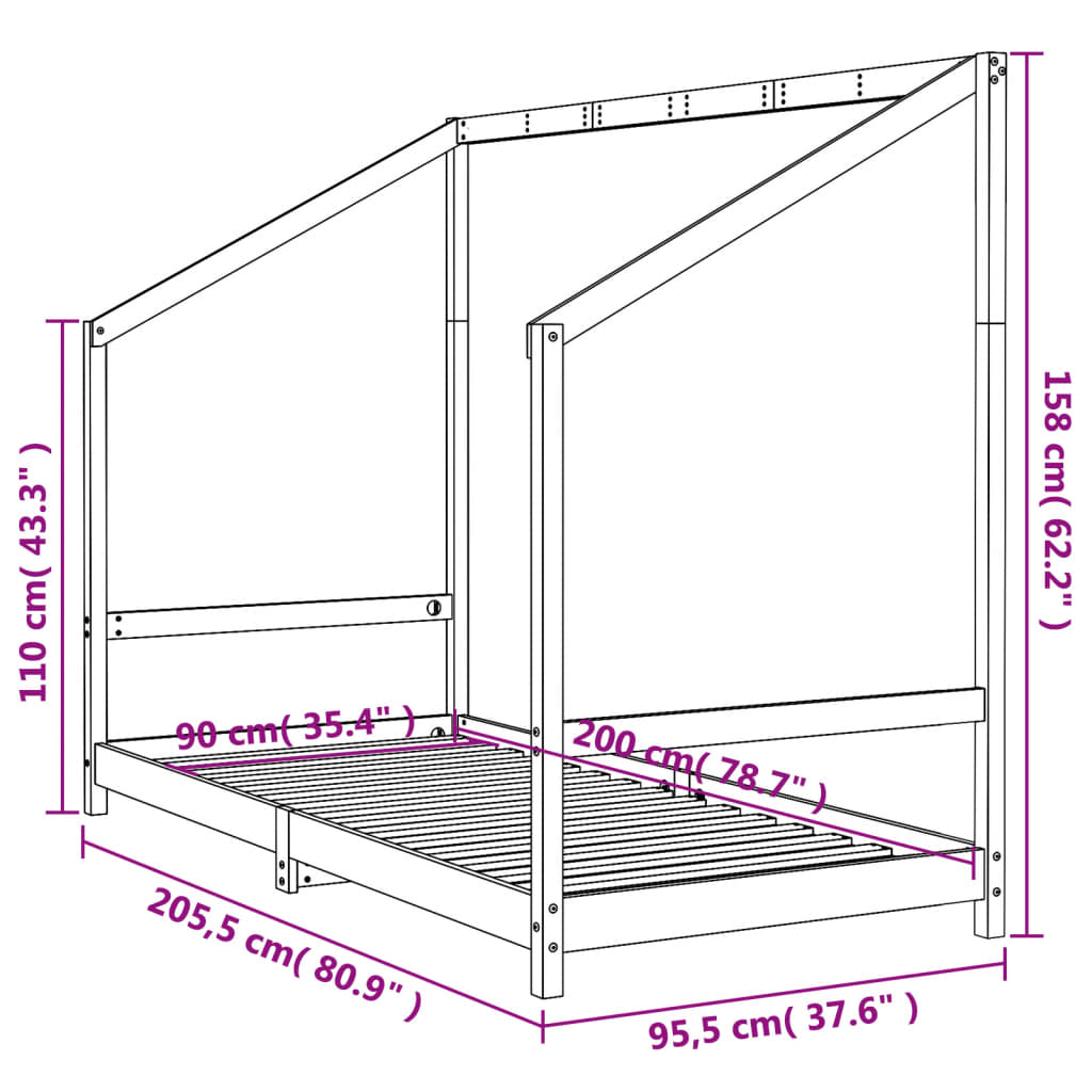 Bed frame for children, black, 90x200 cm, solid pine wood